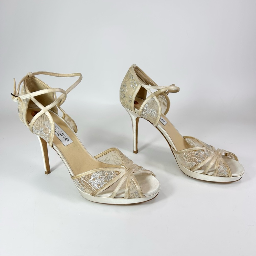 Jimmy Choo Cream Satin and Lace Fable Ankle Strap Heels